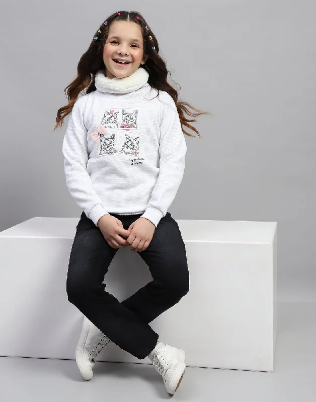 Girls White Solid High Neck Full Sleeve Sweatshirt