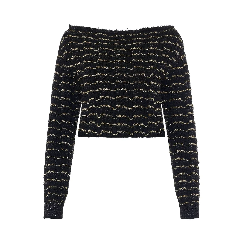 Off Shoulder Cropped Striped Tweed Sweater in Black/Gold