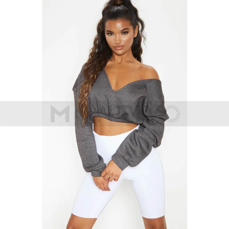 PTL Charcoal Crop Off Shoulder Sweatshirt