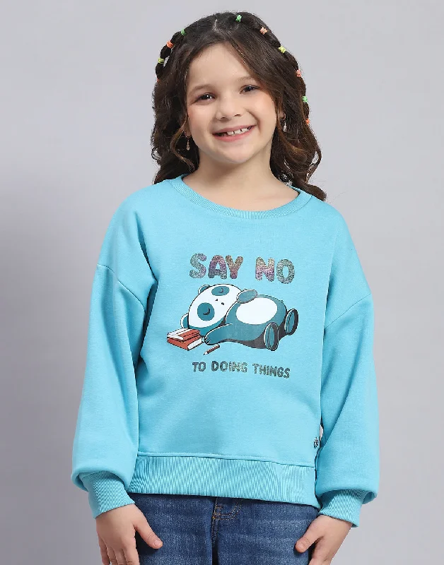 Girls Turquoise Blue Printed Round Neck Full Sleeve Sweatshirt