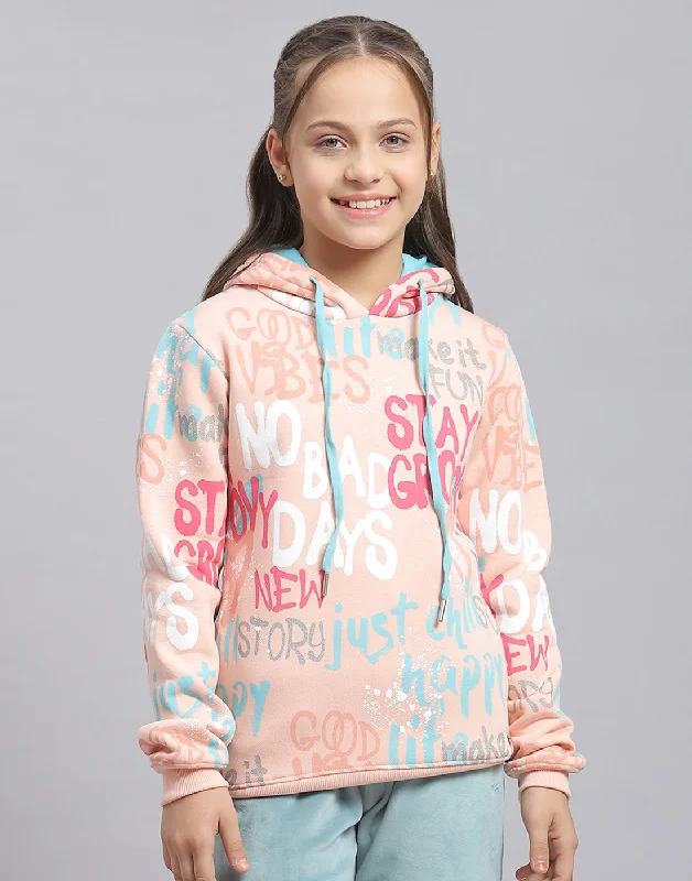 Girls Peach Printed Hooded Full Sleeve Sweatshirt