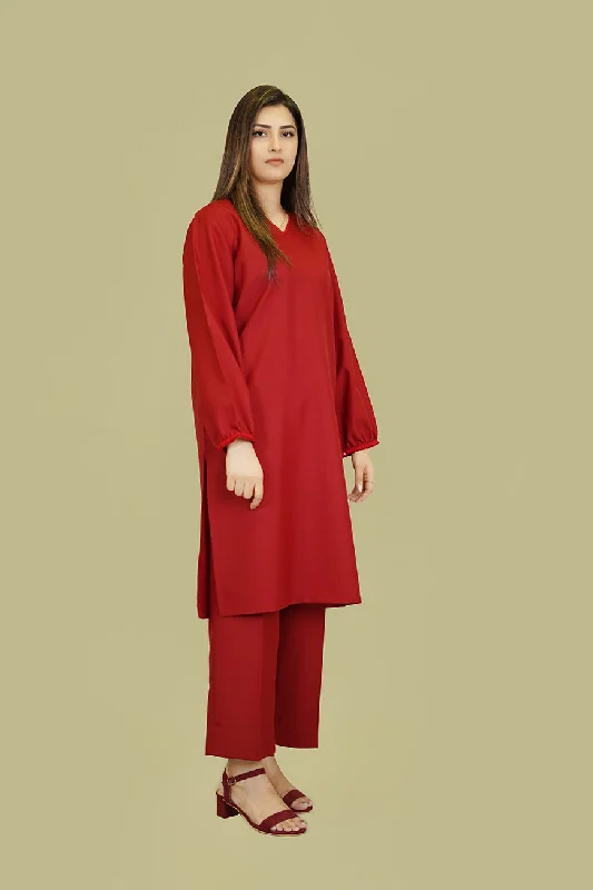 Women's Lyla Stitched Winter Two Piece Suit - Red Plain