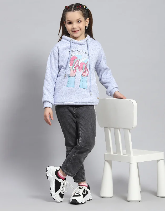 Girls Blue Printed Round Neck Full Sleeve Sweatshirt