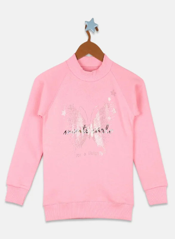 Girls Coral Pink Printed Sweatshirt