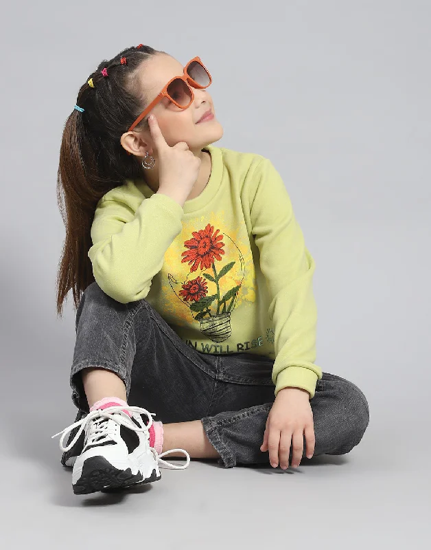 Girls Green Printed Round Neck Full Sleeve Sweatshirt