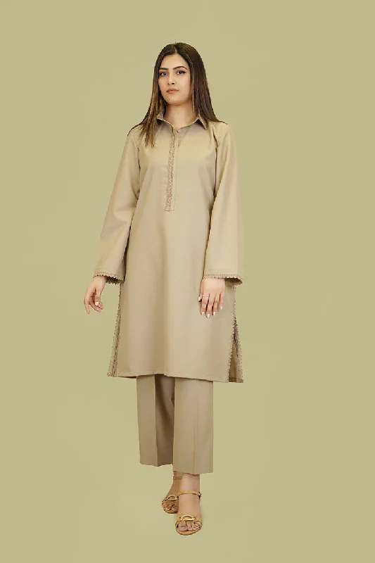 Women's Lyla Stitched Winter Two Piece Suit - Beige Plain