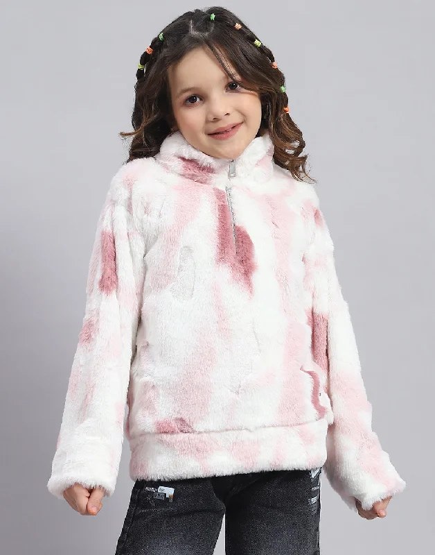 Girls Pink Printed H Neck Full Sleeve Sweatshirt