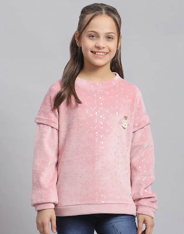 Girls Pink Printed Round Neck Full Sleeve Sweatshirt