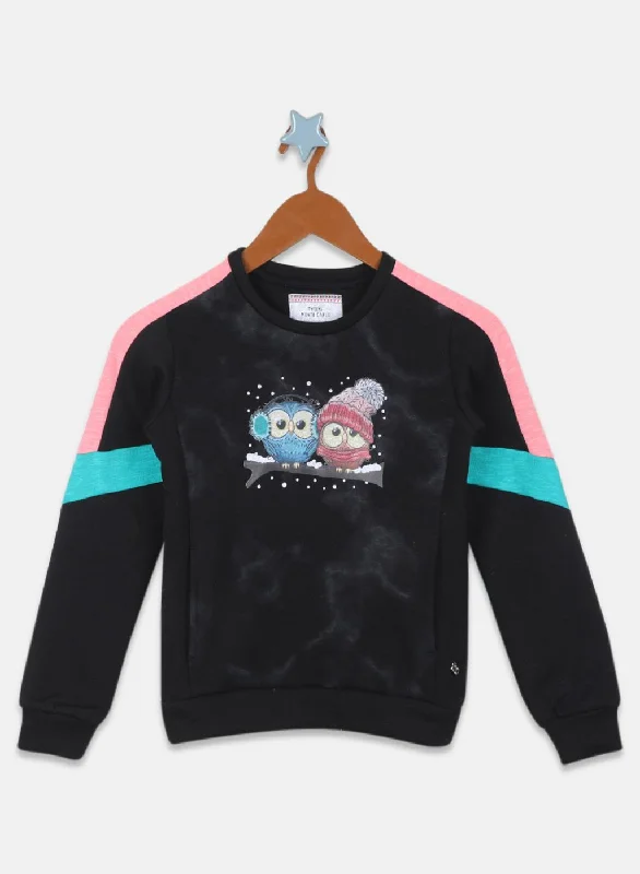 Girls Black Printed Sweatshirt