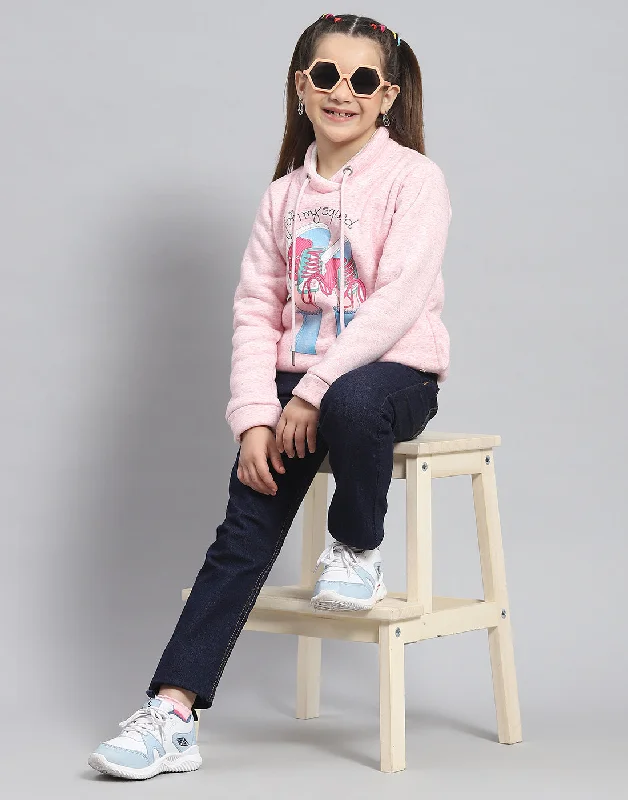 Girls Pink Printed Round Neck Full Sleeve Sweatshirt