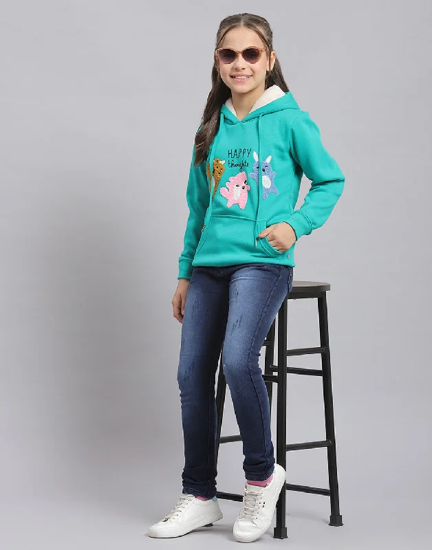 Girls Turquoise Blue Embroidered Hooded Full Sleeve Sweatshirt