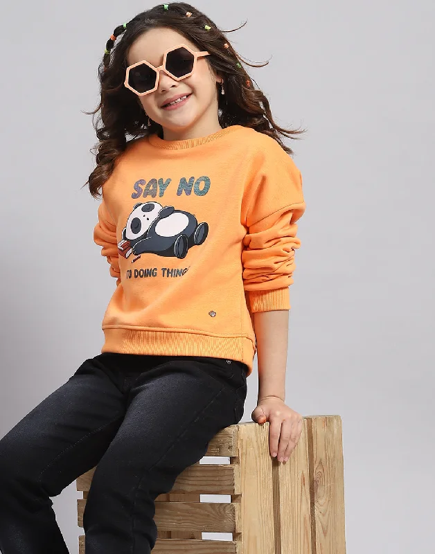 Girls Orange Printed Round Neck Full Sleeve Sweatshirt