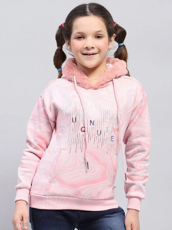 Girls Pink Printed Hooded Full Sleeve Sweatshirt