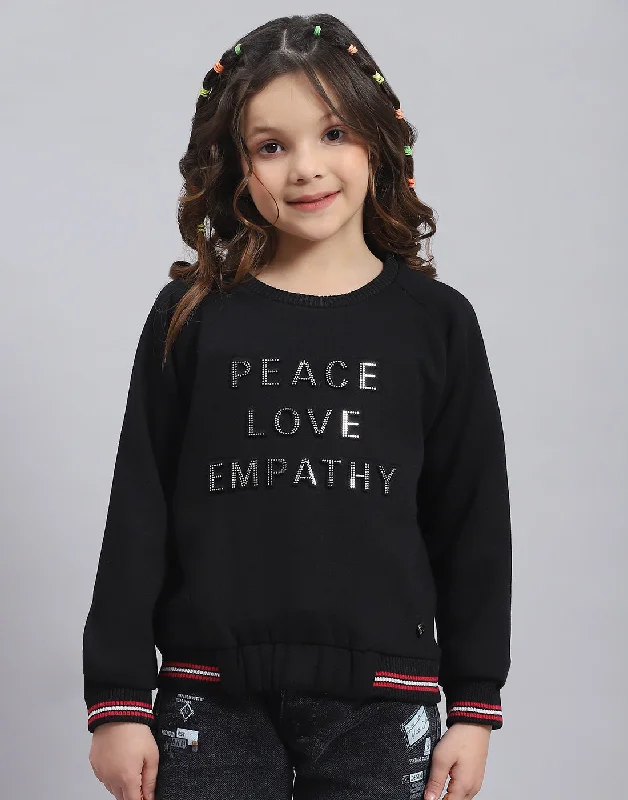 Girls Black Printed Round Neck Full Sleeve Sweatshirt