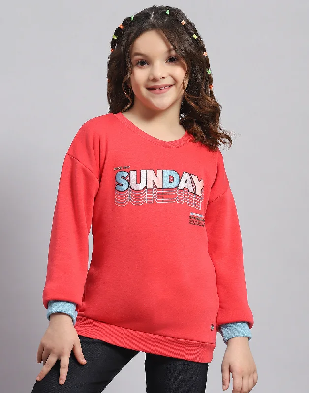 Girls Pink Printed Round Neck Full Sleeve Sweatshirt