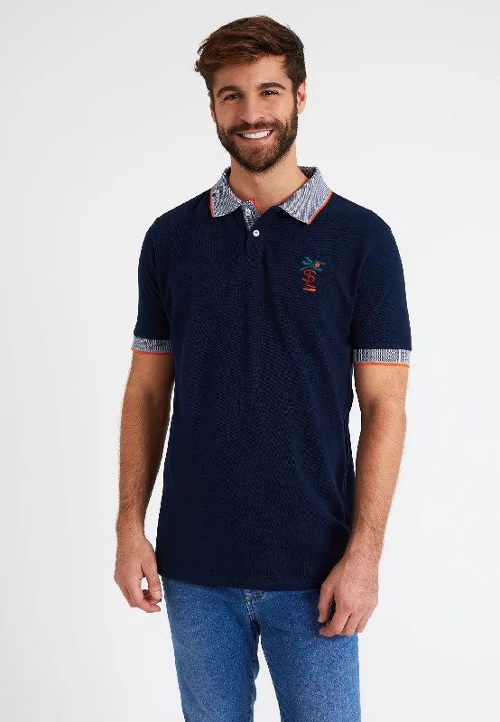 Polo homme coton bleue marine, col double fil, motif arrière