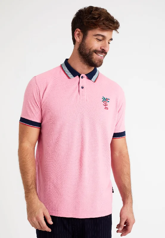 Polo homme coton rose, col bleu marine