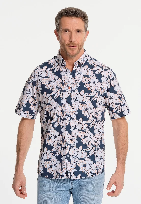 Chemise homme manches courtes bleue et grosses fleurs blanches