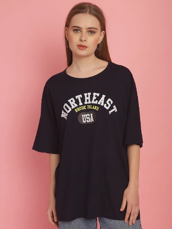 Vimal Jonney Printed Navy Blue Round Neck Cotton Oversize Half sleeves Tshirt For Women