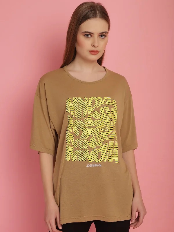 Vimal Jonney Printed Beige Round Neck Cotton Oversize Half sleeves Tshirt For Women