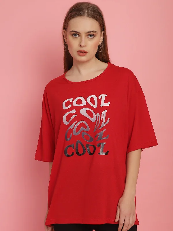 Vimal Jonney Printed Red Round Neck Cotton Oversize Half sleeves Tshirt For Women