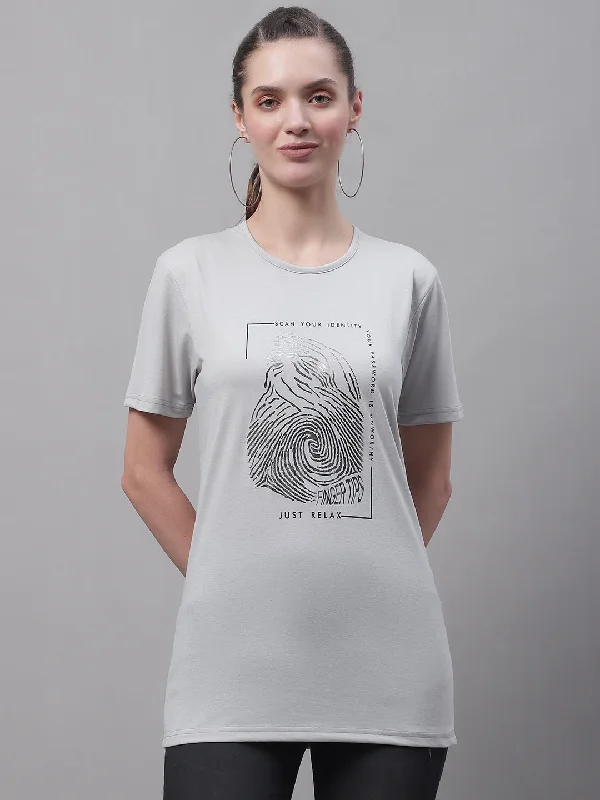 Vimal Jonney Round Neck Cotton Printed Light Grey T-Shirt for Women