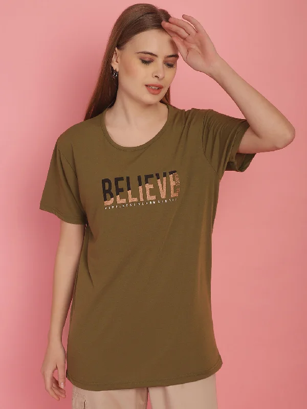 Vimal Jonney Round Neck Cotton Printed Olive T-Shirt for Women