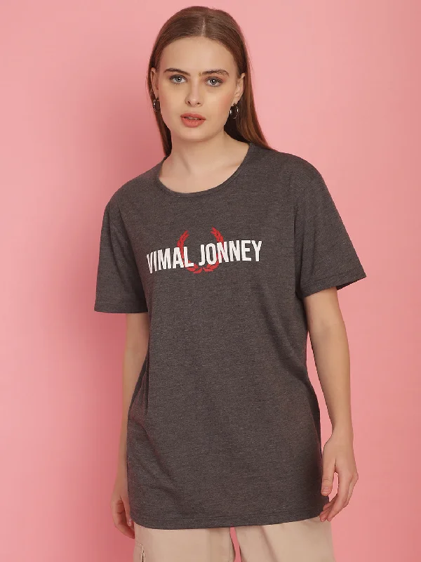 Vimal Jonney Grey Logo Printed Round Neck Cotton Half sleeves Tshirt For Women