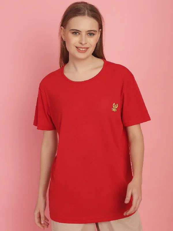 Vimal Jonney Round Neck Cotton Solid Red T-Shirt for Women