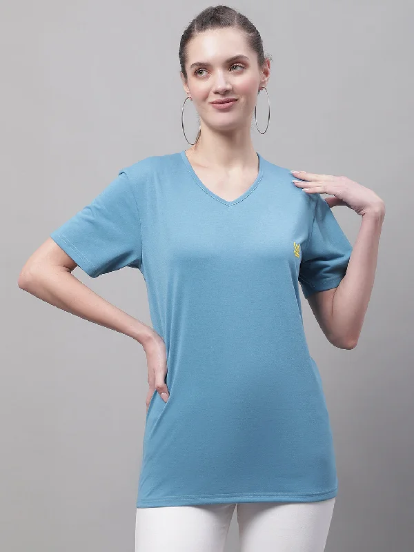 Vimal Jonney V Neck Cotton Solid Blue T-Shirt for Women