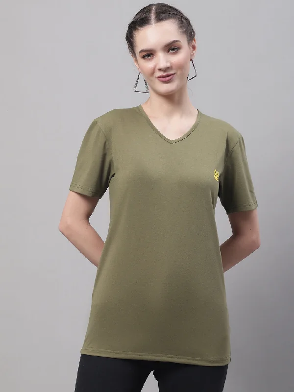 Vimal Jonney V Neck Cotton Solid Olive T-Shirt for Women