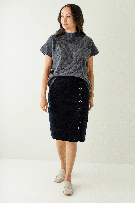 'Diana' Side Button Corduroy Skirt in Navy