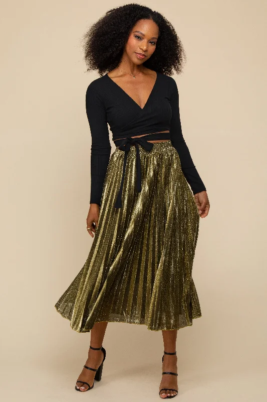 Gold Accordion Glitter Pleat Maxi Skirt