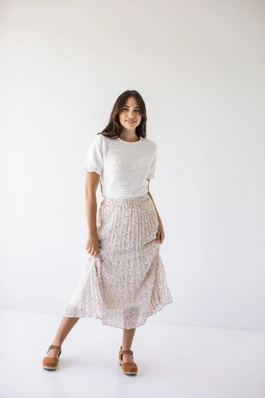 'Melinda' Foliage Floral Pleated Midi Skirt in Cream FINAL SALE