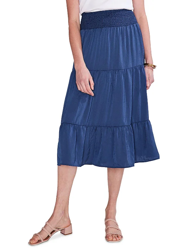 Womens Below Knee Smocked Midi Skirt